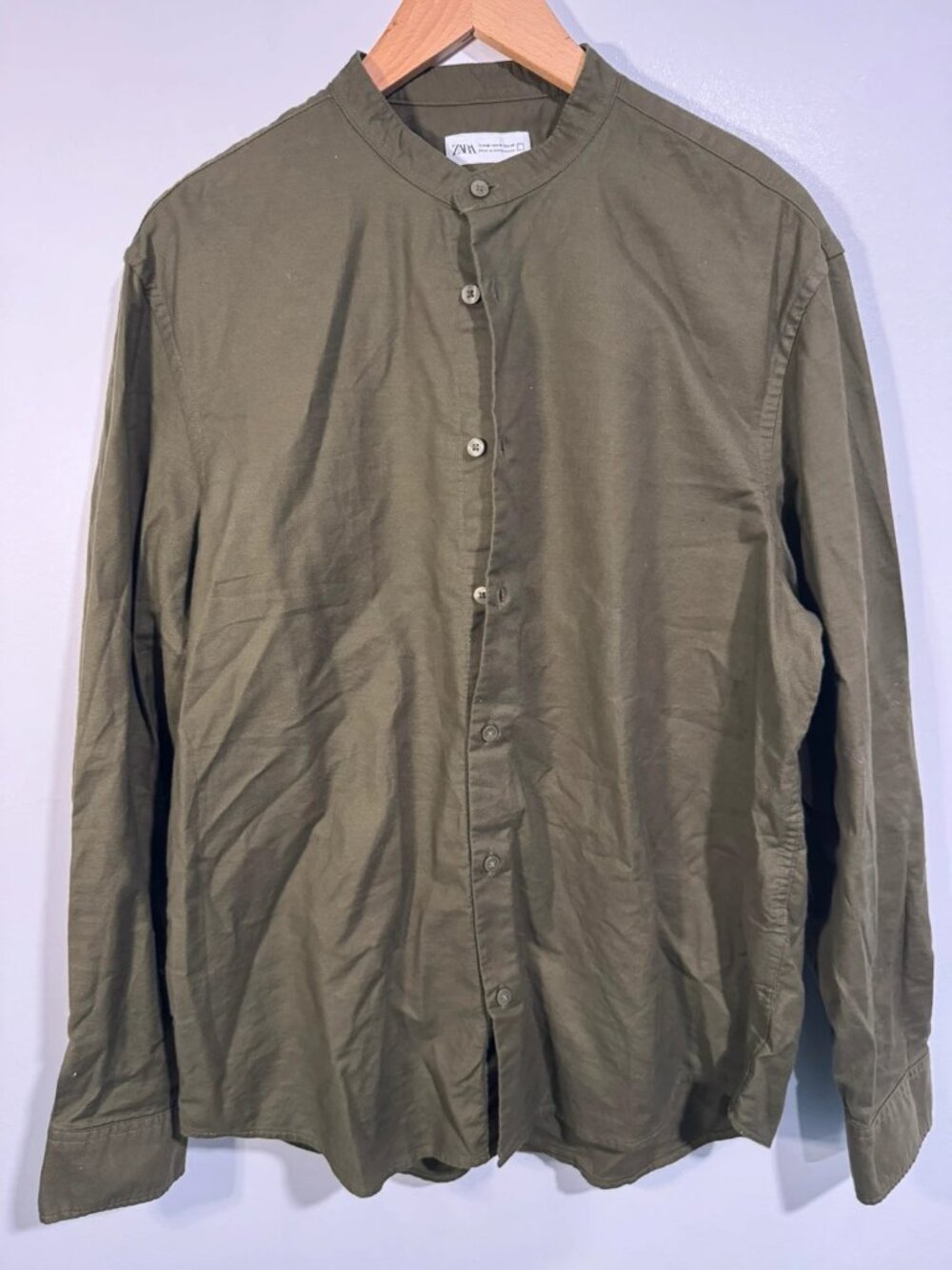 Zara Olive Green Mandarin Collar Long Sleeve Button Up Shirt Size Medium